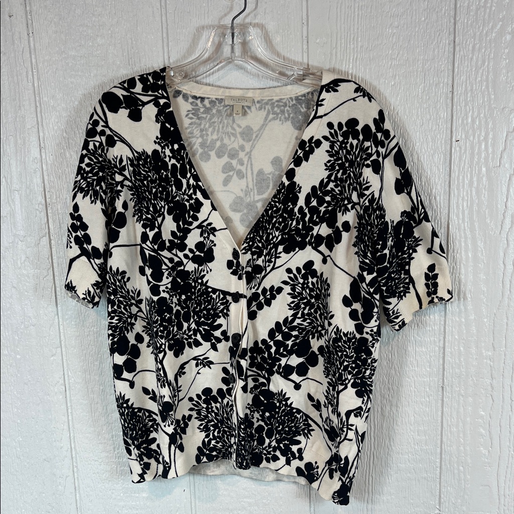 Talbots Woman Black And White Fitted Short Sleeve Blouse